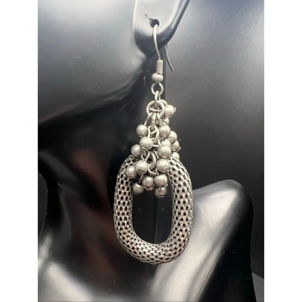 Gunmetal Gray Tone Hollow Popcorn Mesh Hoop Cluster Metallic Beads Drop Earrings